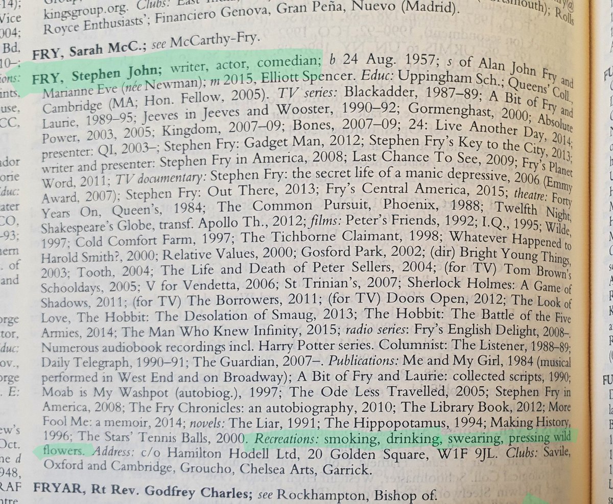 MattFarmsWords's tweet photo. Never actually seen a copy of "Who's Who" before, but whoever wrote Stephen Fry's entry was having a laugh. https://t.co/39hmbyJ5rY