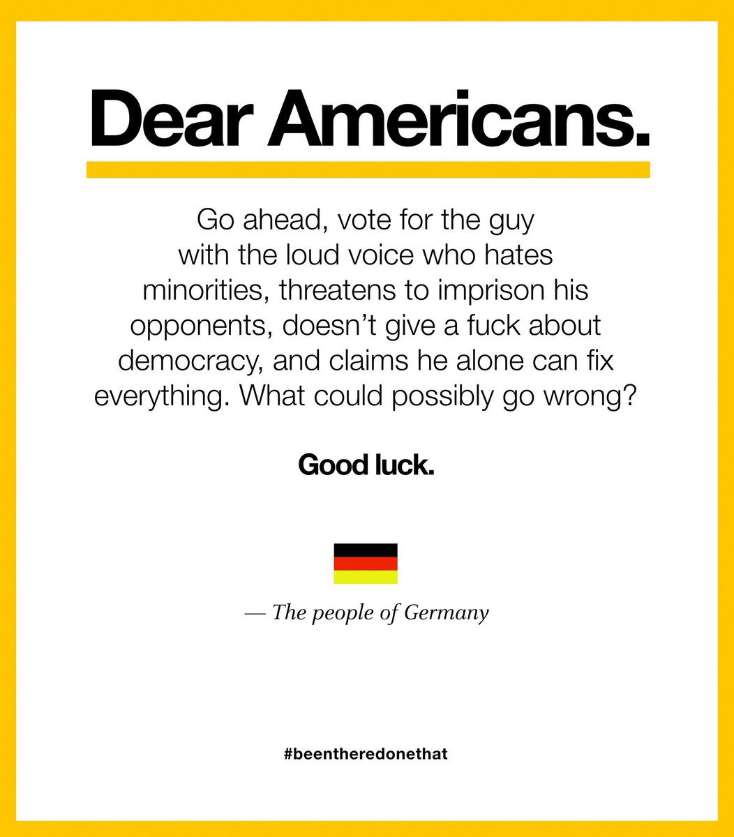 Just a little reminder as again and again I see/read tweets with some sort of surprise on what is happening - and will coming days + week - as that conman will continue to spew poison and his brown-shirts will follow.
You have been warned @AlemanEnBaja <a href="/MexicoAlemania/">Mexico - Germany</a> #FuckTrump