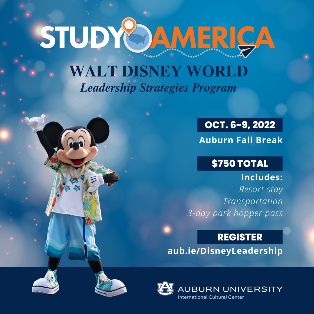 AuburnISSS's tweet photo. Wanna join us at Disney during Fall Break? The deadline has been extended to 9/16! 

The Study America program helps international &amp; domestic students explore the United States beyond Auburn's city limits for a hands-on learning experience unlike any other.

DM for more details! https://t.co/jmMkS7HWlZ