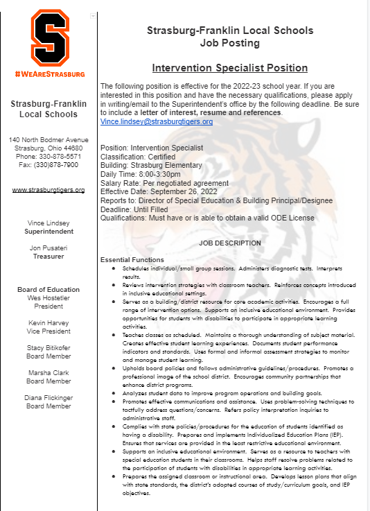 WeAreStrasburg's tweet photo. Job Posting Alert: Intervention Specialist https://t.co/oLQBCDZbKC