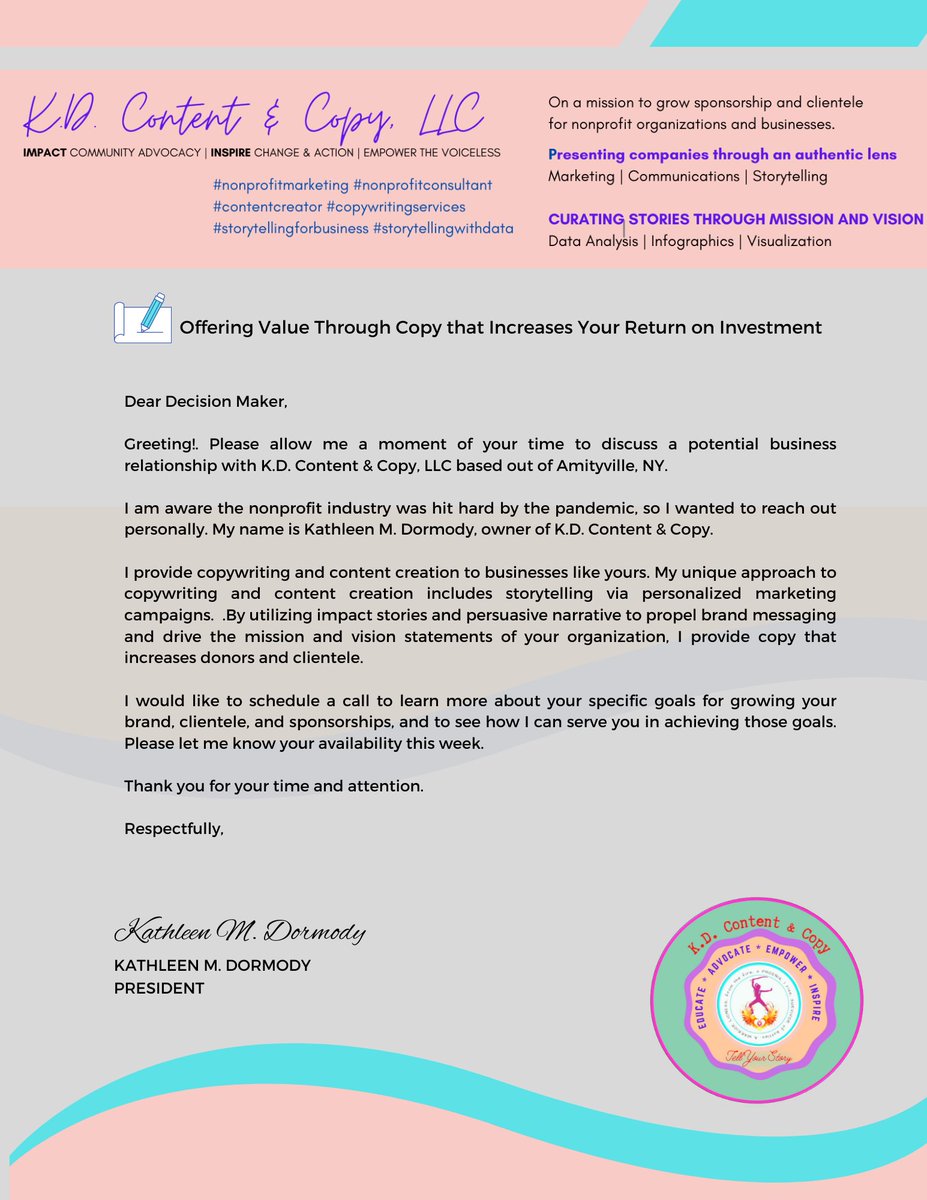 Kat_M_Dormody's tweet image. Offering Value Through Copy that Increases Your Return on Investment.  #nonprofitorganizations #copywritingforbusiness