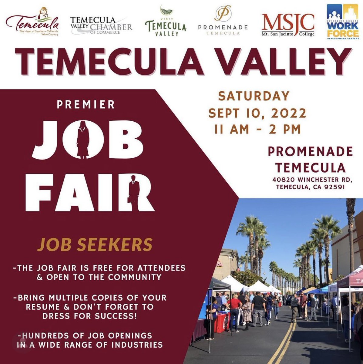 Looking for a job?

Explore opportunities this weekend at Temecula Promenade. 

Our partners <a href="/cityoftemecula/">City of Temecula</a> <a href="/temeculachamber/">Roger</a> <a href="/visittemecula/">Visit Temecula</a> @promenade_temecula will be hosting Premier Job Fair.

Sat. Sept 10, 2022
11am-2pm

Job seekers are recommended to MANY copies of resumes.