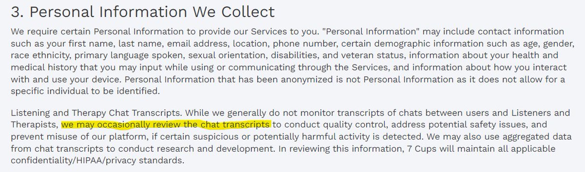 ScalesofJustis's tweet photo. The 7 Cups privacy policy even states they "occasionally review" chat transcripts. Even with therapists. What they don't say is that it's unpaid volunteers and that they have a queue of chat transcripts to review if any censors are triggered or if a user blocks you. #7cups https://t.co/ppvU52dNoM