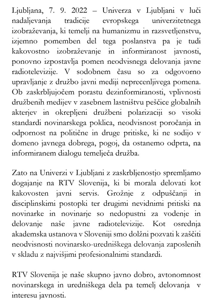 Univerza v Ljubljani poziva k zaščiti neodvisnosti novinarsko-uredniškega delovanja zaposlenih v skladu z najvišjimi profesionalnimi standardi.