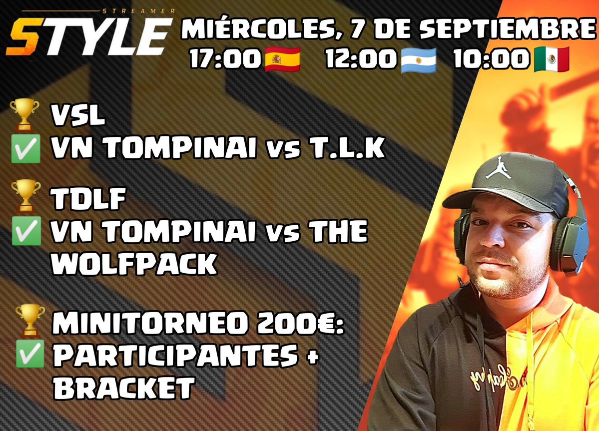 Style (@style_coc) on Twitter photo ๐ฃ LIVEEEEEEEE!
ARRANCAMOS DIRECTAZO! ๐ฅณ
DOBLE GUERRA de la TOMPINETA! ๐โค
๐ <a href="/Vet_Sup_Leag_/">Veteran Super League</a>
โ
<a href="/TompinaiEmpire/">TOMPINAI EMPIRE</a> vs #TLK
๐ <a href="/torneo_la/">Torneo De La Fuerza</a>
โ
<a href="/TompinaiEmpire/">TOMPINAI EMPIRE</a> vs #TheWolfPack
๐ฐ SORTEO de 2 PASES de ORO patrocinados por <a href="/Sergio01904530/">Centuriรณn</a> ! ๐
๐ twitch.tv/style_coc ๐ฃ LIVEEEEEEEE!
ARRANCAMOS DIRECTAZO! ๐ฅณ
DOBLE GUERRA de la TOMPINETA! ๐โค
๐ <a href="/Vet_Sup_Leag_/">Veteran Super League</a>
โ
<a href="/TompinaiEmpire/">TOMPINAI EMPIRE</a> vs #TLK
๐ <a href="/torneo_la/">Torneo De La Fuerza</a>
โ
<a href="/TompinaiEmpire/">TOMPINAI EMPIRE</a> vs #TheWolfPack
๐ฐ SORTEO de 2 PASES de ORO patrocinados por <a href="/Sergio01904530/">Centuriรณn</a> ! ๐
๐ twitch.tv/style_coc