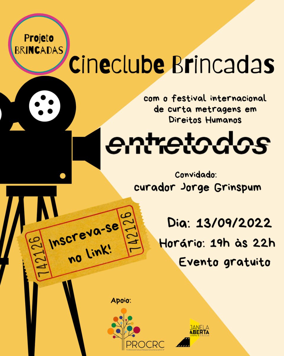 No dia 13 de setembro, às 19h, realizaremos mais uma edição do Cineclube do Projeto Brincadas, dessa vez na PUC-SP Segue o link: forms.gle/BVAu84VqHdobjM…
Qualquer dúvida, nos mande um e-mail: projetobrincadas@gmail.com