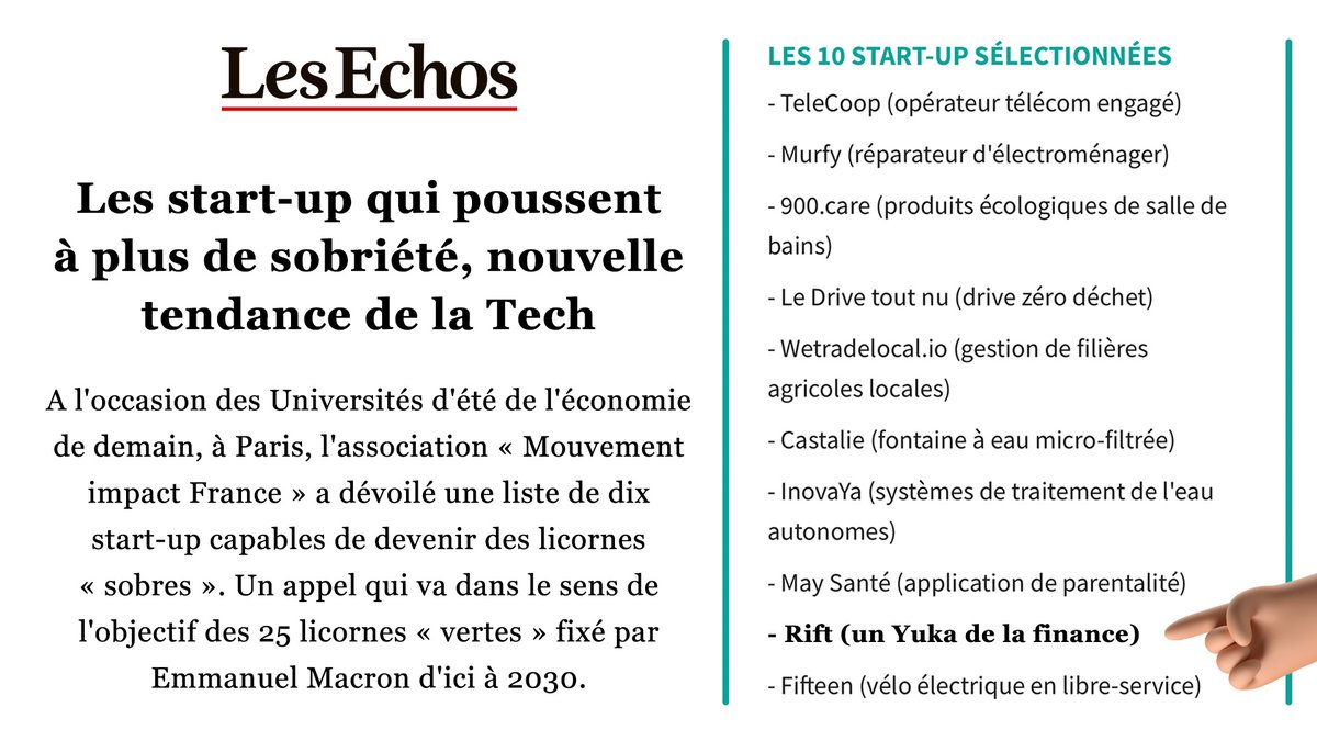 Rift (@rift_app) on Twitter photo Rift, un des futures “licornes” sobres ? 🦄
À l’occasion de ses Universités d’été de l’économie de demain (#UEED2022), <a href="/Mouv_ImpactFr/">Mouvement Impact France</a> a dévoilé la liste de 10 entreprises dont le coeur d'activité consiste à apporter une réponse aux enjeux écologiques et sociaux actuels ! Rift, un des futures “licornes” sobres ? 🦄
À l’occasion de ses Universités d’été de l’économie de demain (#UEED2022), <a href="/Mouv_ImpactFr/">Mouvement Impact France</a> a dévoilé la liste de 10 entreprises dont le coeur d'activité consiste à apporter une réponse aux enjeux écologiques et sociaux actuels !
