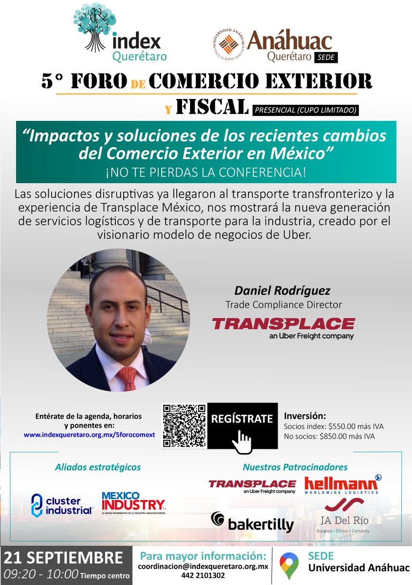 ¡Acompáñanos a la conferencia!
🌎5° Foro de Comercio Exterior y Fiscal 2022 “Impactos y soluciones de los recientes cambios del Comercio Exterior en México”
📲Aún puedes registrarte
docs.google.com/forms/d/e/1FAI…
Consulta nuestro programa completo aquí 📌indexqueretaro.org.mx/5forocomext