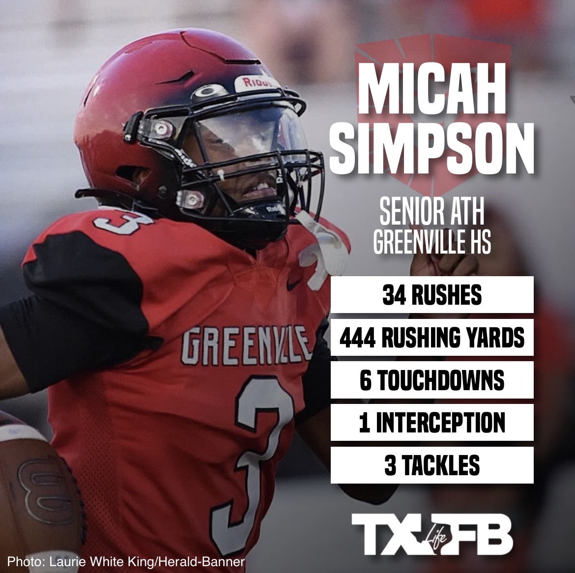 🏈 Micah Simpson of <a href="/GISDAthletics/">Greenville Athletics</a> is the Texas Football Life High School Player of the Week. <a href="/micc63741885/">MICAH SIMPSON</a>  had 30 carries for 434 yards, 6 rushing touchdowns, and an interception on defense in the 42–31 win over Frisco Liberty #txhsfb