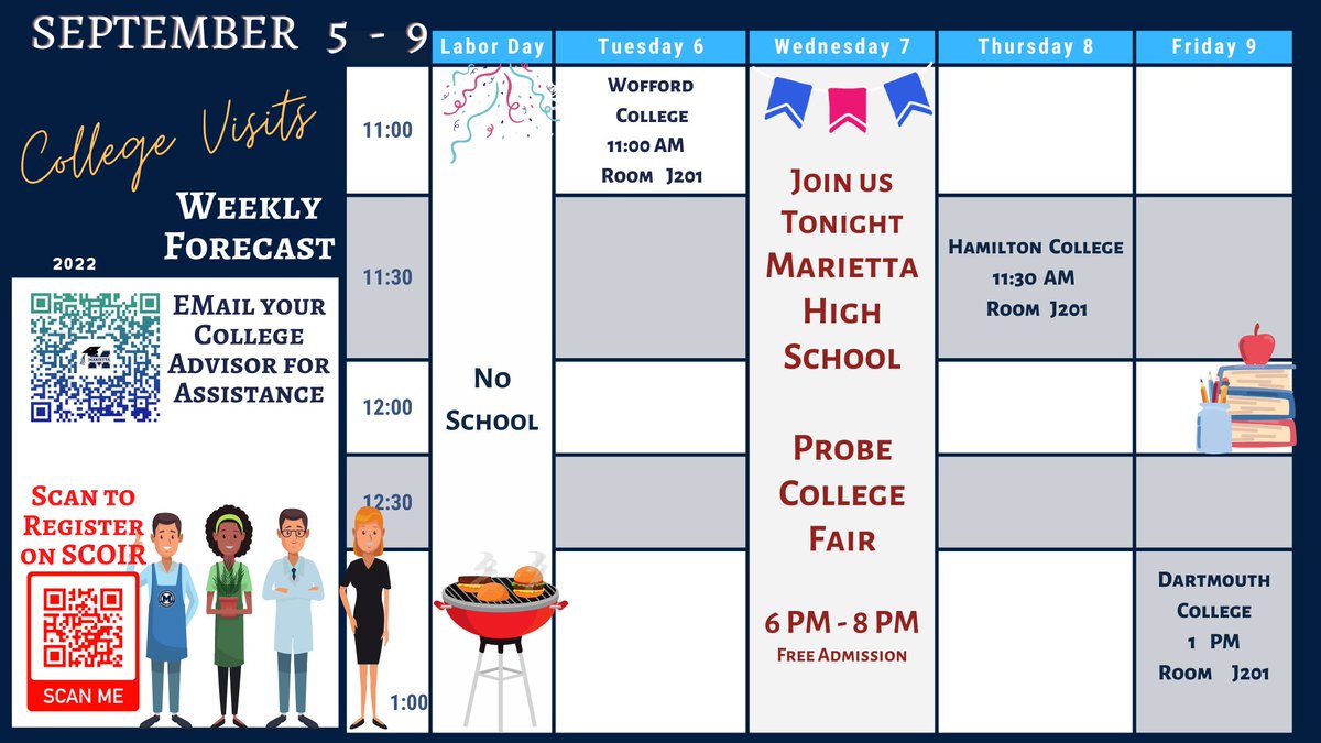 Don't forget to sign up for the remaining college visits for the week! See you tonight for the college fair as well!