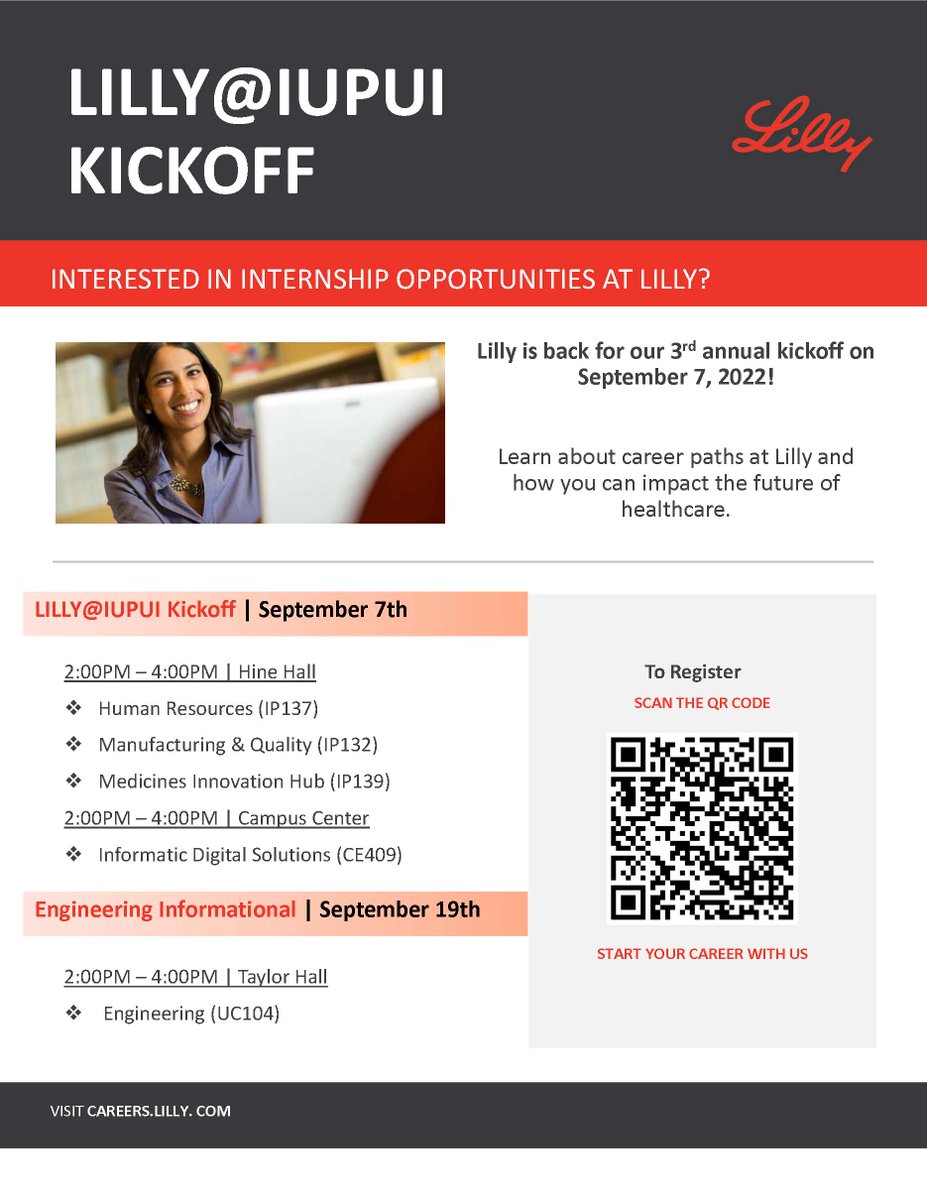 Starting today, <a href="/Lillycareers/">Eli Lilly and Company Careers</a> will be on campus sharing opps to grow with them!

P.S: Lilly has specifically mentioned the HR opps are great for Lib Arts majors

HR Internship
Sep. 7, 2:00-4:00pm Hine Hall (IP137)
go.iu.edu/4vzg

#EliLilly #LillyatIUPUI #IndyInternships