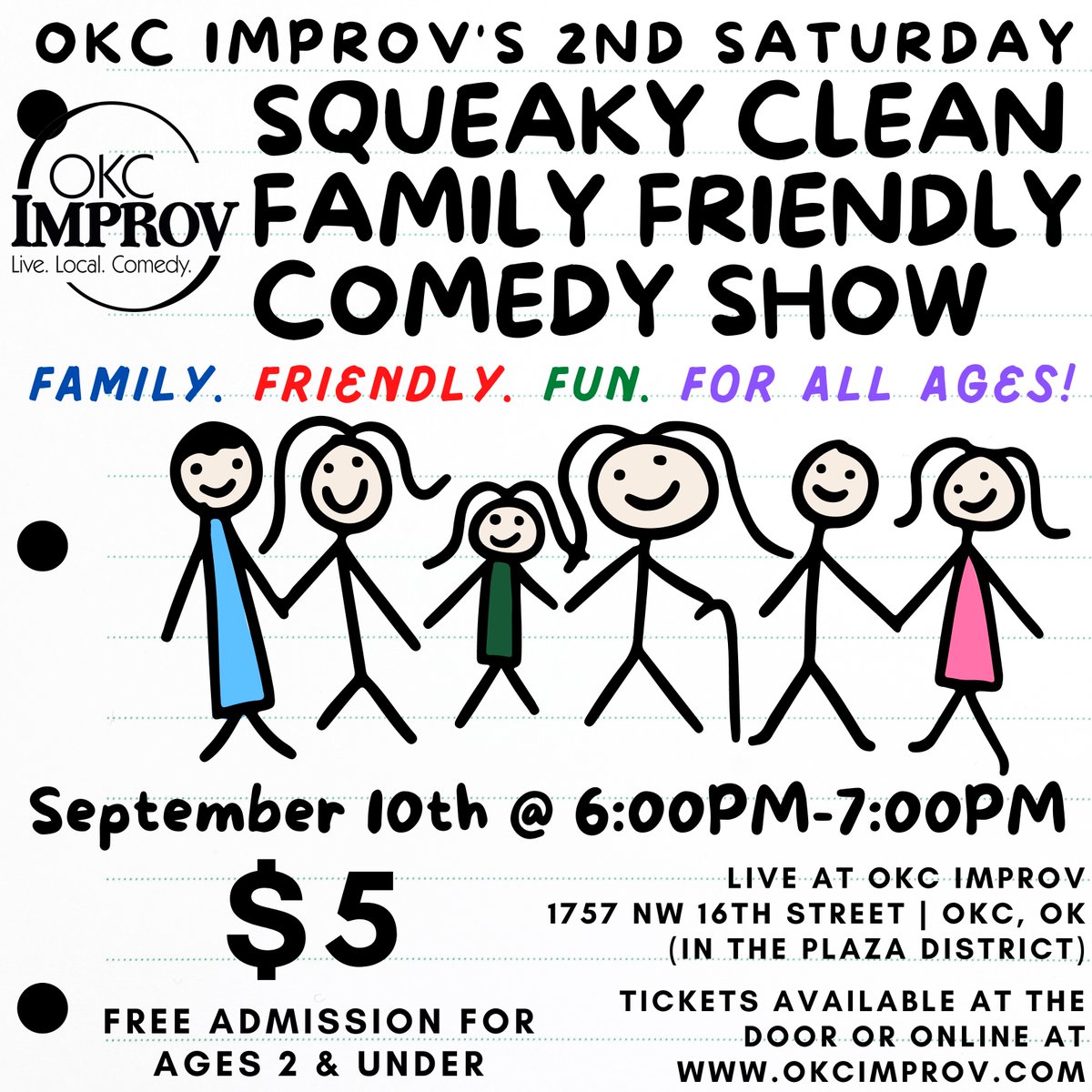 okcimprov's tweet photo. OKC Improv is offering fun for the WHOLE family! We’ve got our Squeaky Clean Family Friendly Comedy show that’ll keep everyone laughing from Grandparents to kids! Reserve tickets today at https://t.co/ijN9S54CfC! #SqueakyCleanComedy #FamilyNight #PlazaProv https://t.co/HNoV0vYGgL