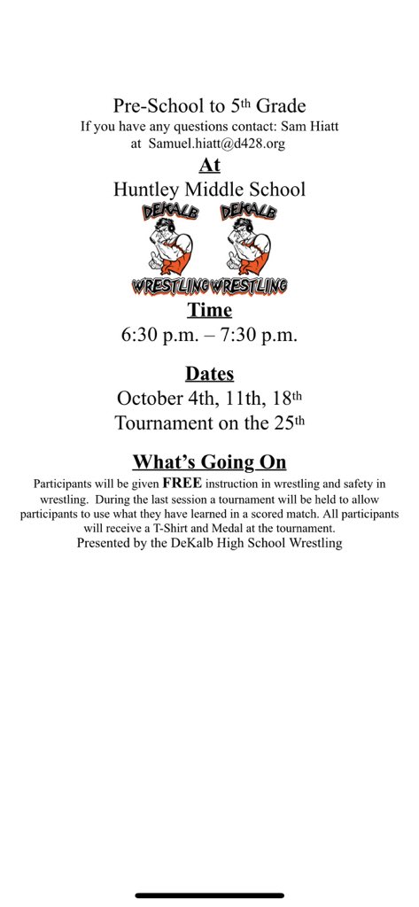 Junior Wrestling is back on Tuesdays in October! This is a great opportunity to introduce your children to the sport of wrestling and it is completely free!