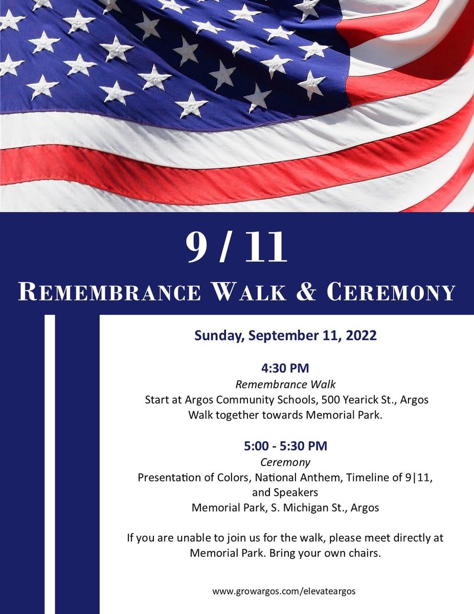 GrowArgos's tweet photo. Please join us for our 9/11 Remembrance Walk &amp; Ceremony. https://t.co/Oz6SJ2kCv6
