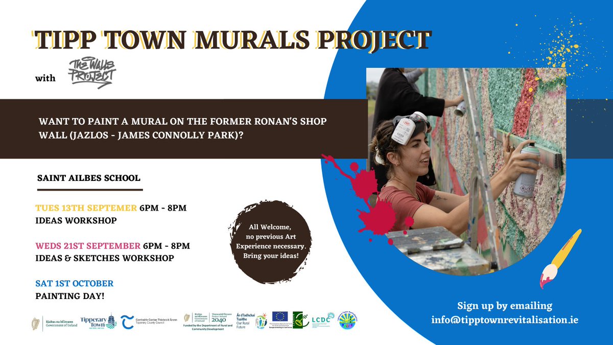 Tipp Town Murals Project

Want to be part of creating and painting a Community Mural?

Come along to the workshops in Saint Ailbes School:
Share your ideas and meet the Artists: Everyone is welcome, Details below, get in touch!

#tipptown
#tipperarytown