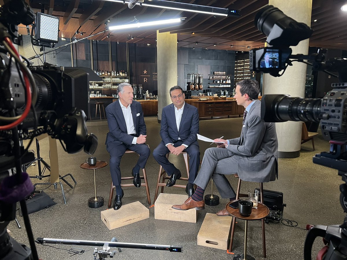FullNelsonVideo's tweet photo. The incoming CEO of Starbucks, Laxman Narasimhan, along with longtime CEO Howard Schultz, live this morning on @CNBC @SquawkCNBC with @andrewrsorkin. A 20min, 4 camera switched remote, thx to the @LiveU #lu800 @SonyProUSA #fx9 #quasarscience #godox @AtomosGlobal @FUJINONLenses https://t.co/wqqkSKcYSG