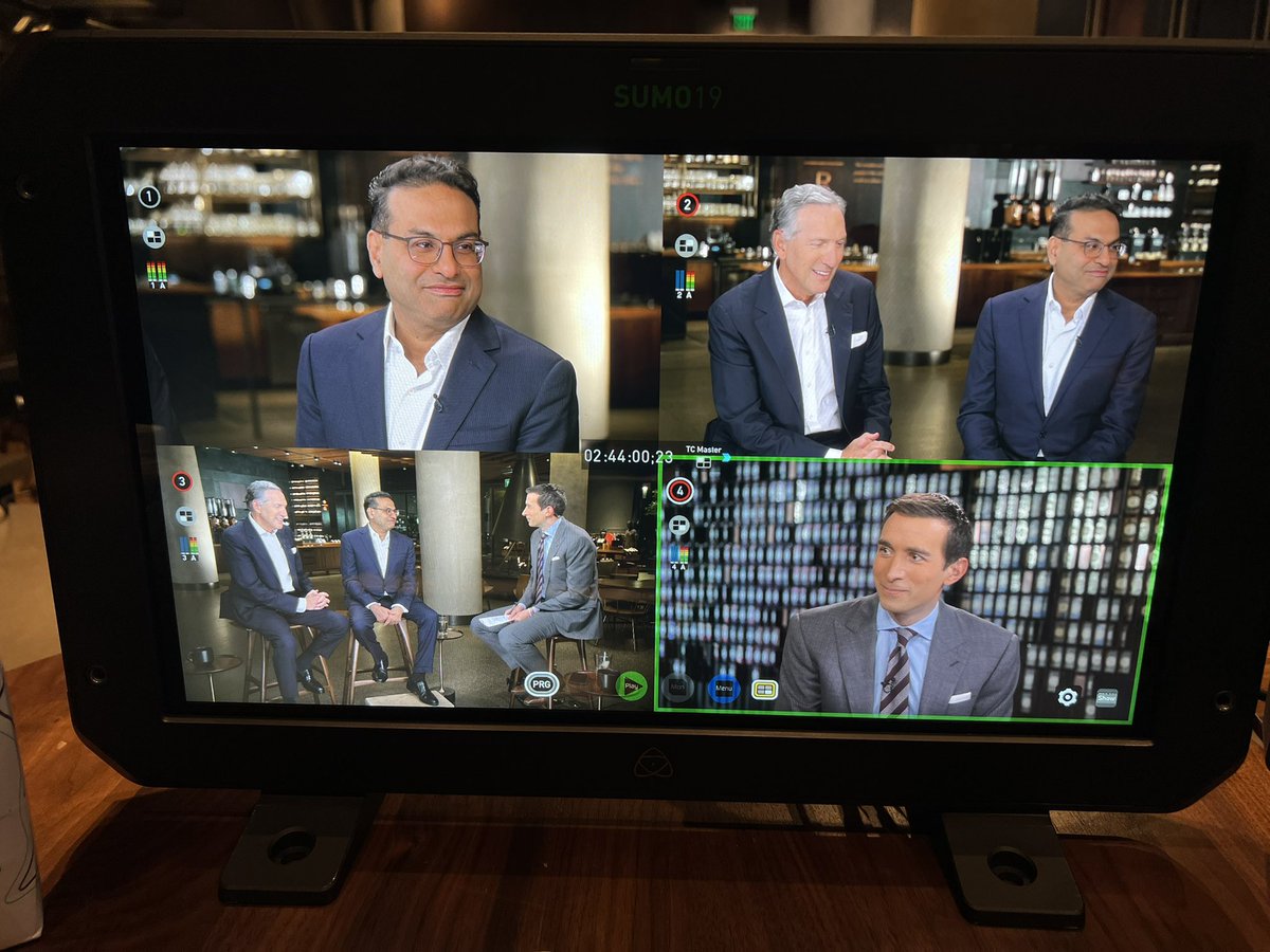FullNelsonVideo's tweet photo. The incoming CEO of Starbucks, Laxman Narasimhan, along with longtime CEO Howard Schultz, live this morning on @CNBC @SquawkCNBC with @andrewrsorkin. A 20min, 4 camera switched remote, thx to the @LiveU #lu800 @SonyProUSA #fx9 #quasarscience #godox @AtomosGlobal @FUJINONLenses https://t.co/wqqkSKcYSG