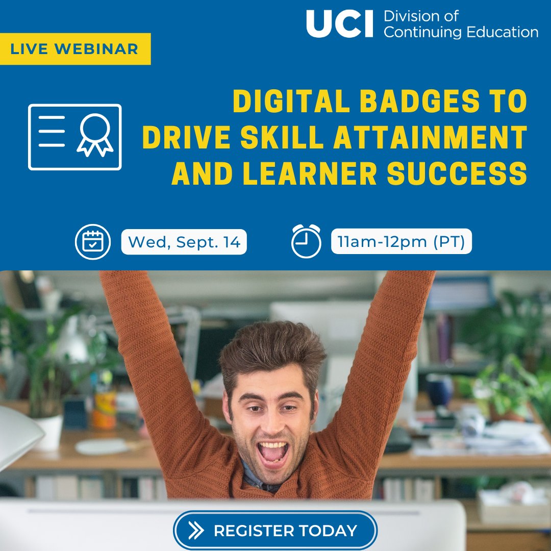UCI Division of Continuing Education welcomes Melissa Loble, Chief Customer Experience Officer of Instructure, as she shares strategies for leveraging digital badges to create impactful and engaging learning experiences. 

Register at bit.ly/3zQFatT