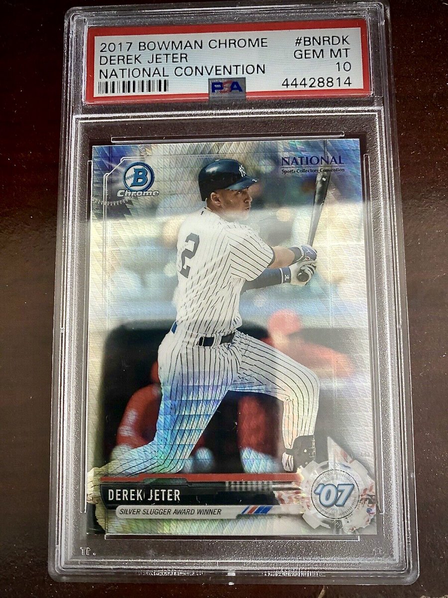 EneCollectibles's tweet photo. 2017 Bowman Chrome Derek Jeter National Convention Refractor PSA10. #mlb #mlbbaseball #mlbcards #baseball #basebacards #thehobby #whodoyoucollect #sportscards #newyork #yankees #derekjeter #sportscards #sports #halloffame #refractor #champion #mvp #psa #psa10 #bgs #sgc #topps https://t.co/q1Mt4sz3jQ