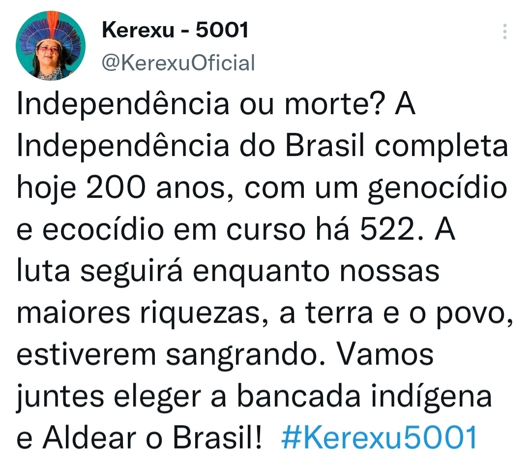 Celebraremos a Independência do Brasil quando nossos corpos e territórios estiverem livres da exploração que nos mata e destrói há 522 anos para lucro de poucos. Seguiremos sendo resistência e luta por um Brasil que respeite seu povo e sua natureza. 

Via @kerexu_oficial