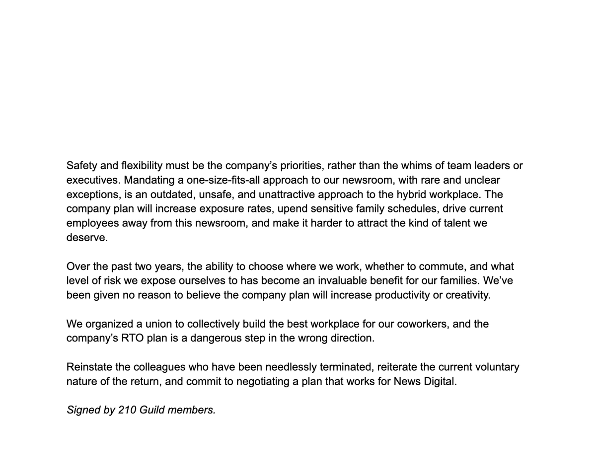 Today we delivered this letter to <a href="/NBCNews/">NBC News</a> management (signed by 210 unit members) demanding a better RTO plan and the immediate reinstatement of several remote colleagues who have been baselessly terminated.