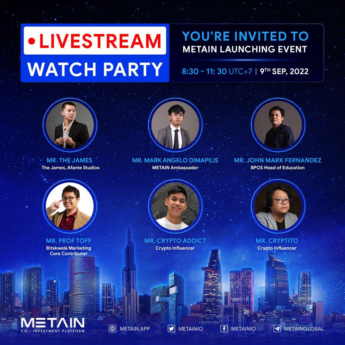 METAINio's tweet photo. 📣Don’t have the time and resources to attend the official #METAIN Launching Event in Vietnam?
🤘METAIN will be live-streaming the official launch this coming Friday, September 9, 2022, at 8:00 PM UTC on both our Discord and Facebook
🎁Join to win bountiful prizes!
#REITNFT #NFT https://t.co/JsAPz7ngw4