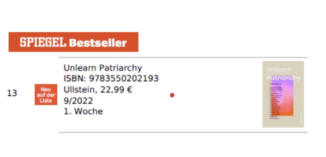 KenzaAbbou's tweet image. 🤩🤩🤩🤩🤩 #unlearnpatriarchy ist @derspiegel #bestseller yeahhhhh