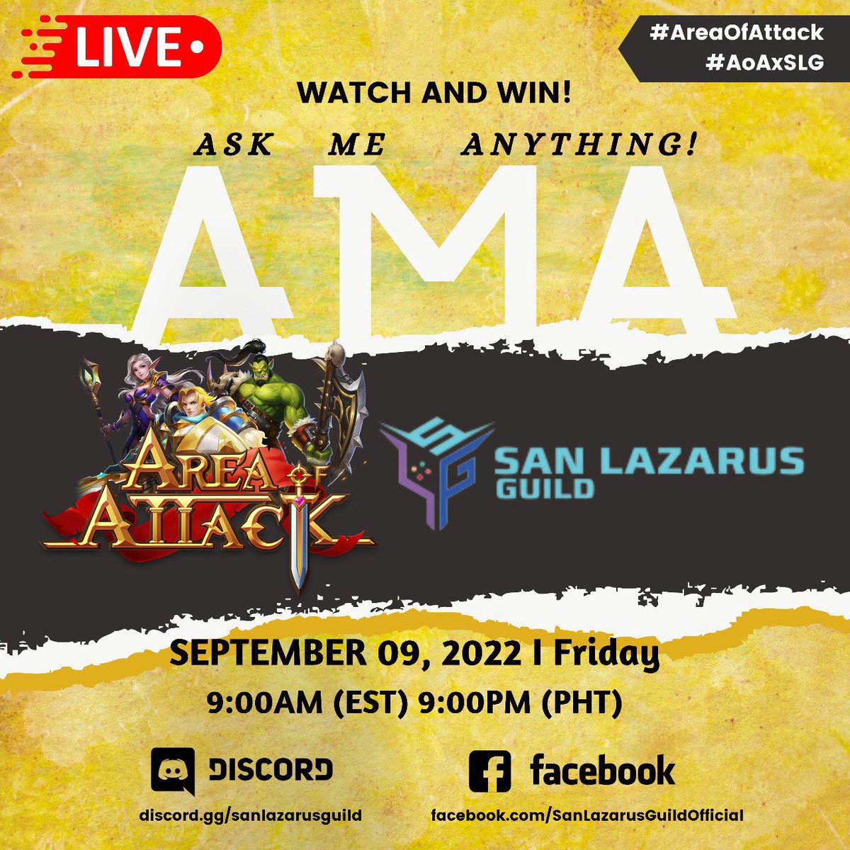 AreaofAttack's tweet image. AREA OF ATTACK x SAN LAZARUS GUILD

✨ Join us this Friday, as we conduct an AMA: Ask Me Anything with the San Lazarus Guild @sanlazarusguild community plus you can WATCH and WIN ✨

✔️ discord.gg/sanlazarusguild
✔️ facebook.com/SanLazarusGuil…

#AreaOfAttack #AoAxSLG #SanLazarusGuild