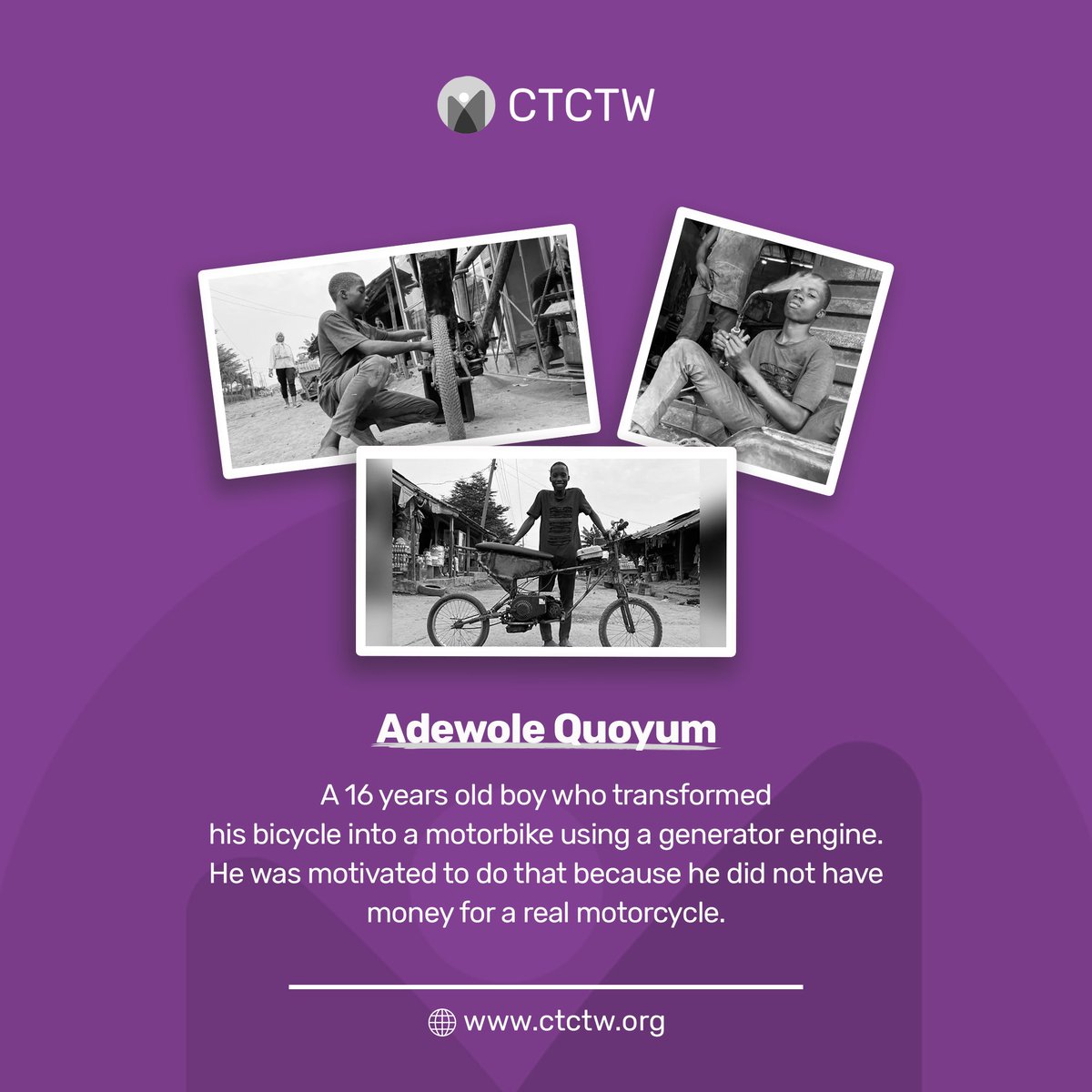 ctctworg's tweet photo. Adewole Quoyum is a young boy who has always dreamt of building a motorcycle but did not have the skills to do it. After learning about welding and generators, he decided to give it a try. 

A THREAD!!! https://t.co/VA3WfNLlEt
