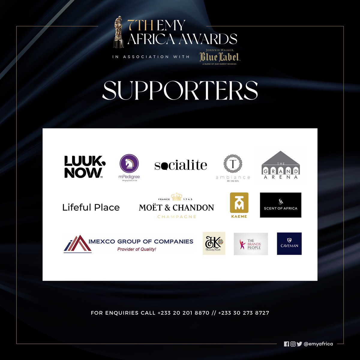 EMYAfrica's tweet image. The 7th EMY Africa Awards is proudly supported by @luuknowofficial @Goldkeys @Socialiteaf_ #ambiancebytalata #thegrandarenagh #lifefulplace @Imexcodrinksgh @hellokaeme @ScentOfAfrica @HomedaKente @THEBRANDSPEOPLE @cavemanwatches 

#EMYAfrica22