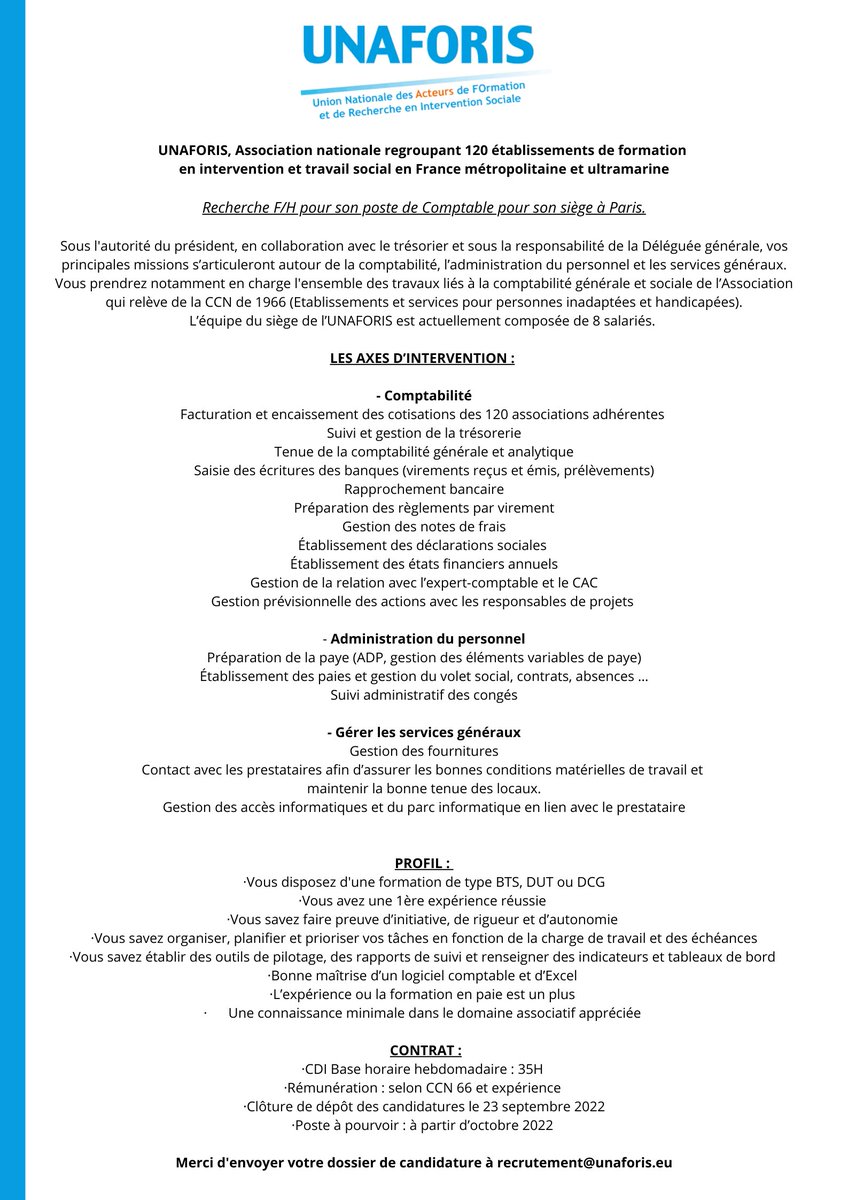 [A LA UNE]🚨

UNAFORIS recrute ! 👀

En effet nous sommes à la recherche de candidat pour un poste de Comptable au siège même de l'UNAFORIS à Paris.

📌Découvrez ci-dessous l'annonce du poste 

Qu'attendez-vous pour postuler ? 
👉<a href="/unaforis/">unaforis</a>.eu