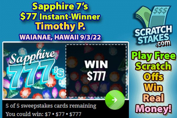 scratch_stakes's tweet photo. 😎
Congrats to Timothy P. of Waianae, Hawaii
$77 Sapphire 7's #Winner 9/3/22!

Play free scratch-off #games, #win real money!

🤔Have you scratched today?
👉 https://t.co/fiVcWoKODZ https://t.co/Bj5jBCWEIo