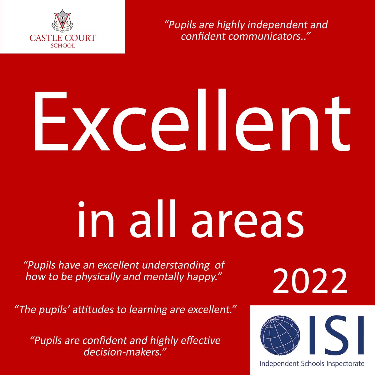 CastleCourtPrep's tweet photo. Have you heard? @ISC_schools inspectorate visited @CastleCourtPrep last term. We can now share the results with you! #excellent or #complient across all areas. Great news! Thank you to the school team, parents and pupils who help make CCS such a great place. https://t.co/AwXEp0HHS6