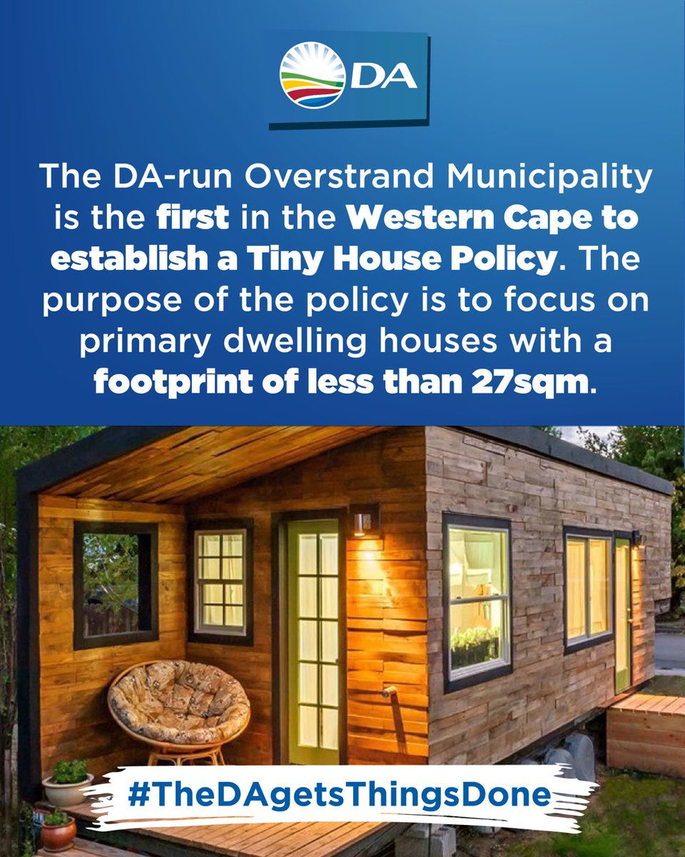 WesternCapeDA's tweet photo. 🏡To expand access to adequate housing, DA-run Overstrand Municipality became the first municipality in the Western Cape to propose a Tiny House Policy.
#TheDAgetsThingsDone https://t.co/ckA2QPl8Ev