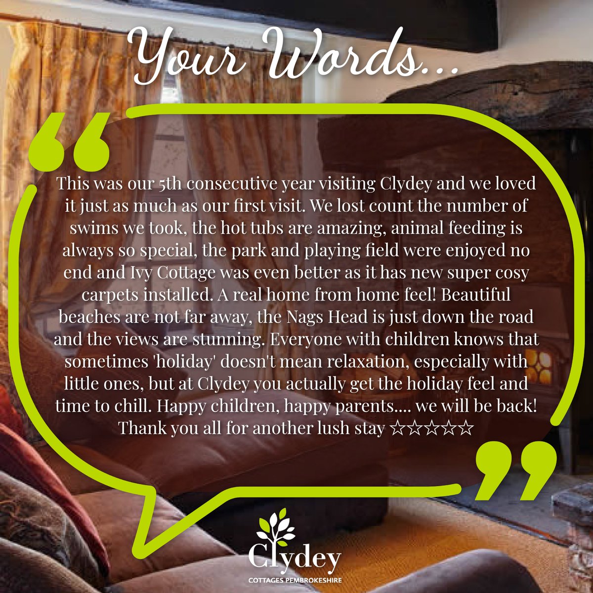WOW. One of our repeat visitors on their 5th consecutive year spending fun-filled family holidays with us 😊
Thank you for taking the time to pen a review - it means the absolute world to us ❤️
#ClydeyCottages #Pembrokeshire #AllWeatherFun #FamilyFriendly <a href="/visitwales/">Visit Wales 🏴󠁧󠁢󠁷󠁬󠁳󠁿</a> <a href="/VisitPembs/">Visit Pembrokeshire 🏴󠁧󠁢󠁷󠁬󠁳󠁿</a>