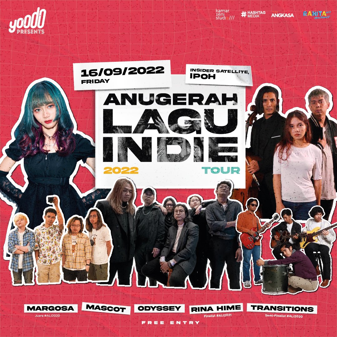 AnugerahIndie's tweet photo. Anugerah Lagu Indie on tour!

16 September 2022, Insider Satellite Ipoh.
MASUK PERCUMA!

- Margosa (Juara #ALI2020)
- Rina Hime (Finalist #ALI2021)
- Transitions (Semi-Finalist #ALI2020)
- Mascot
- Odyssey

Sebarkan dan jom datang ramai-ramai!

#ALI2022 https://t.co/BUCePhaov7