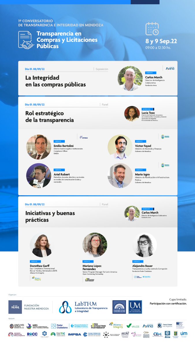 Mañana 8 de septiembre arranca el 1°Conversatorio sobre Transparencia e Integridad en Mendoza, y en esta oportunidad abordaremos las Compras y Contrataciones Públicas. No te lo pierdas!! <a href="/LabTIUM_ok/">LabTIUM</a>