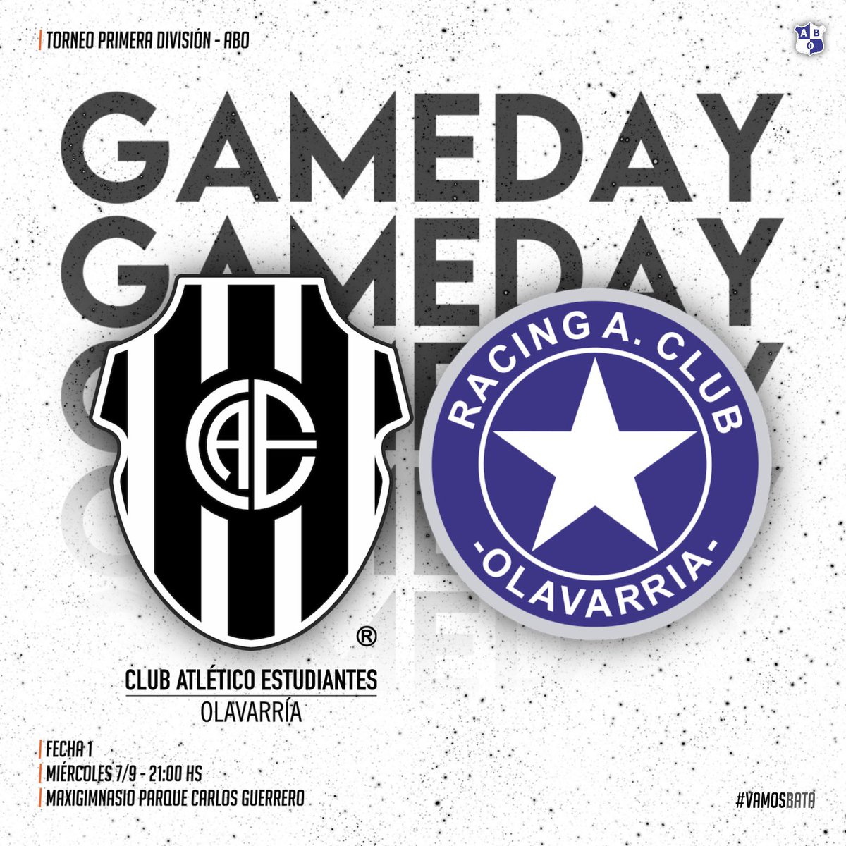 🏆 Torneo primera división - ABO 
1️⃣ Fecha 1
🆚 Racing (O)
🗓 Miércoles 7/9
⏰ 21:00hs
🏟 Maxigimnasio Parque Carlos Guerrero

#VamosBata 🖤