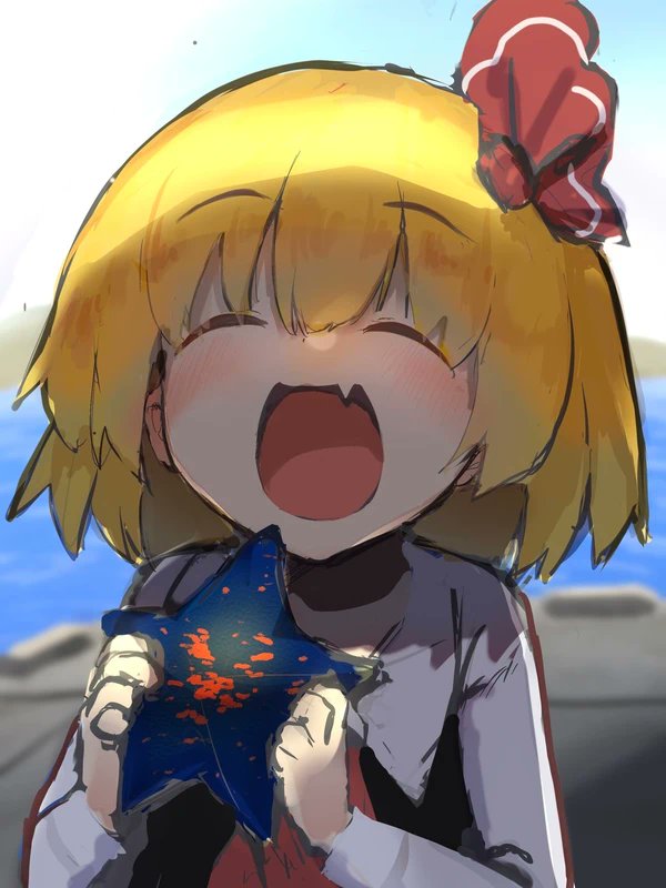 rumia 1girl blonde hair open mouth fang closed eyes solo short hair  illustration images