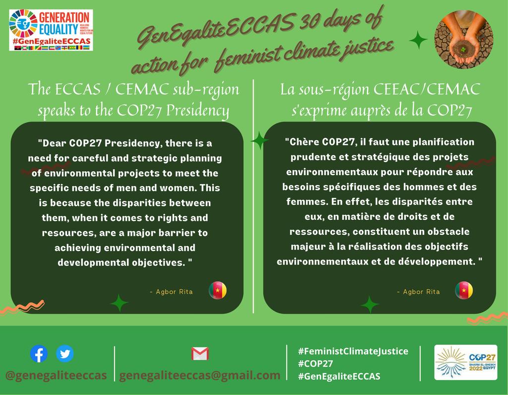 GenEgaliteECCAS's tweet photo. Day 7: The campaign continues with the message of @RitaAgbor to the COP27 Presidency (@Cop27P )!

Jour 7: La campagne continue avec le message de Agbor Rita !

#FeministClimateJustice
#cop27
#AfricaAdaptationSummit
#GenEgaliteEECAS https://t.co/p8DFddBDG4