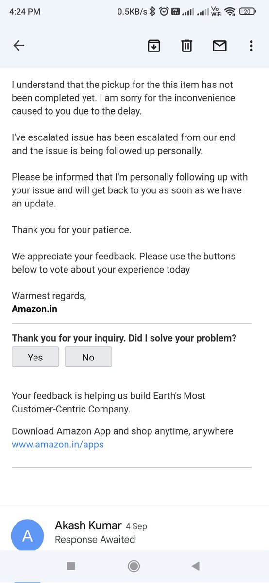 legendakash's tweet image. @amazonIN These are reply which I have got from the social media team from 24th August. They have replied that our team is busy in the next upcoming sale. #Vocal4Local they have created a monopoly in the market. #avoidamazon #fraud #Cheater