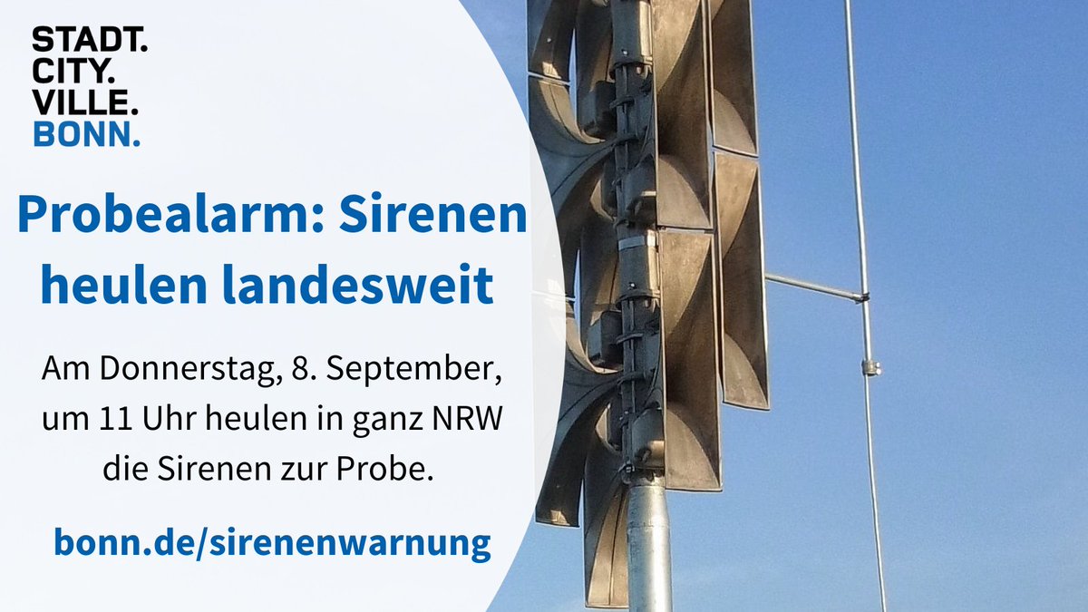 #Probealarm: Landesweit heulen am Donnerstag, 8. September, um 11 Uhr die Sirenen zur Probe. Um auch möglichst viele Geflüchtete aus Kriegsgebieten über den Probealarm aufklären zu können, ist Teilen ausdrücklich erwünscht. Infos in Englisch: bonn.de/microsite/en/p…