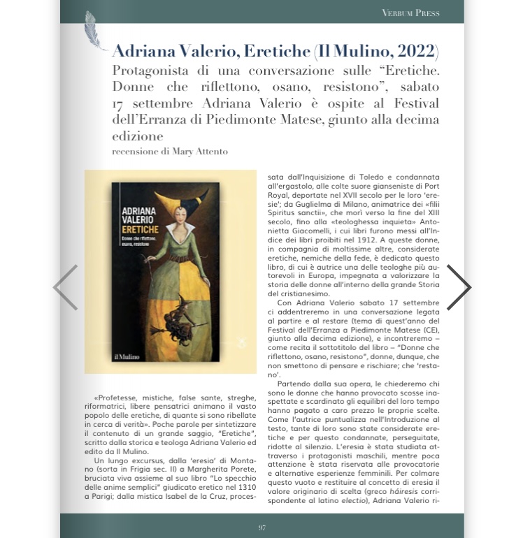 FdErranza's tweet photo. Protagonista di una conversazione sulle “Eretiche. Donne che riflettono, osano, resistono”, sabato 17 settembre Adriana Valerio è ospite al Festival dell’Erranza X ed. a Piedimonte Matese: dialoga con @MaryAttento a partire dalle h 20
📰#VerbumPress @RobertoSciarr1 @ReginaResta3 https://t.co/0ZKZEIRb0J