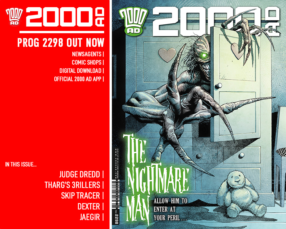 2000AD's tweet photo. OUT NOW: 2000 AD Prog 2298 – featuring Judge Dredd, Tharg's 3rillers, Dexter, Skip Tracer, and Jaegir!

See inside &amp; buy now ➡️ https://t.co/5hwkyk8gqB
Subscribe to the Galaxy's Greatest Comic ➡️ https://t.co/v9SgY38iEI https://t.co/1rSeH8WWB6