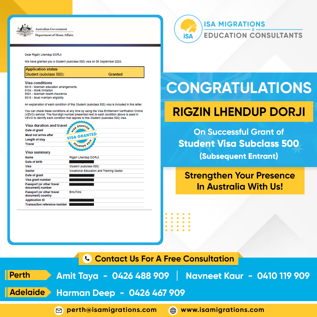 isamigrations's tweet photo. 🎉Congratulations!!!

♦ RIGZIN LHENDUP DORJI on Successful Grant of Student #Visa500 ♦️

Thank you for choosing @isamigrations

Call us today to check your eligibility for #Visitorvisa🇦🇺
☎️+61 426 488 909

#visa #Migration #immigration #studentvisa https://t.co/or1o8ZU22n