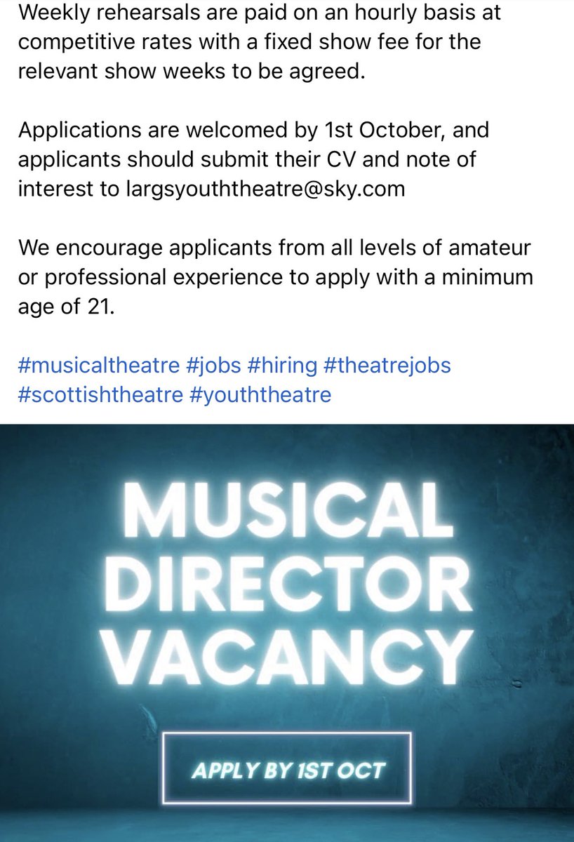 LargsYT's tweet photo. 🎹 Musical Director vacancy 🎹
We are currently hiring for a musical director for our May 2023 junior &amp; senior productions. 

#musicaltheatre #jobs #hiring #theatrejobs #scottishtheatre #youththeatre #community #ScottishYouthTheatre
#Ayrshire #NorthAyrshire https://t.co/KBVYCPCfN9