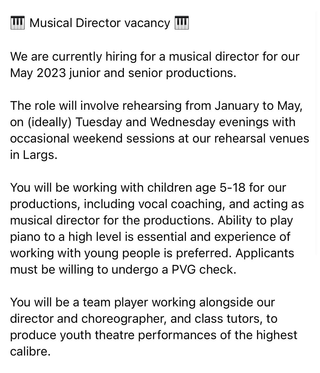 LargsYT's tweet photo. 🎹 Musical Director vacancy 🎹
We are currently hiring for a musical director for our May 2023 junior &amp; senior productions. 

#musicaltheatre #jobs #hiring #theatrejobs #scottishtheatre #youththeatre #community #ScottishYouthTheatre
#Ayrshire #NorthAyrshire https://t.co/KBVYCPCfN9
