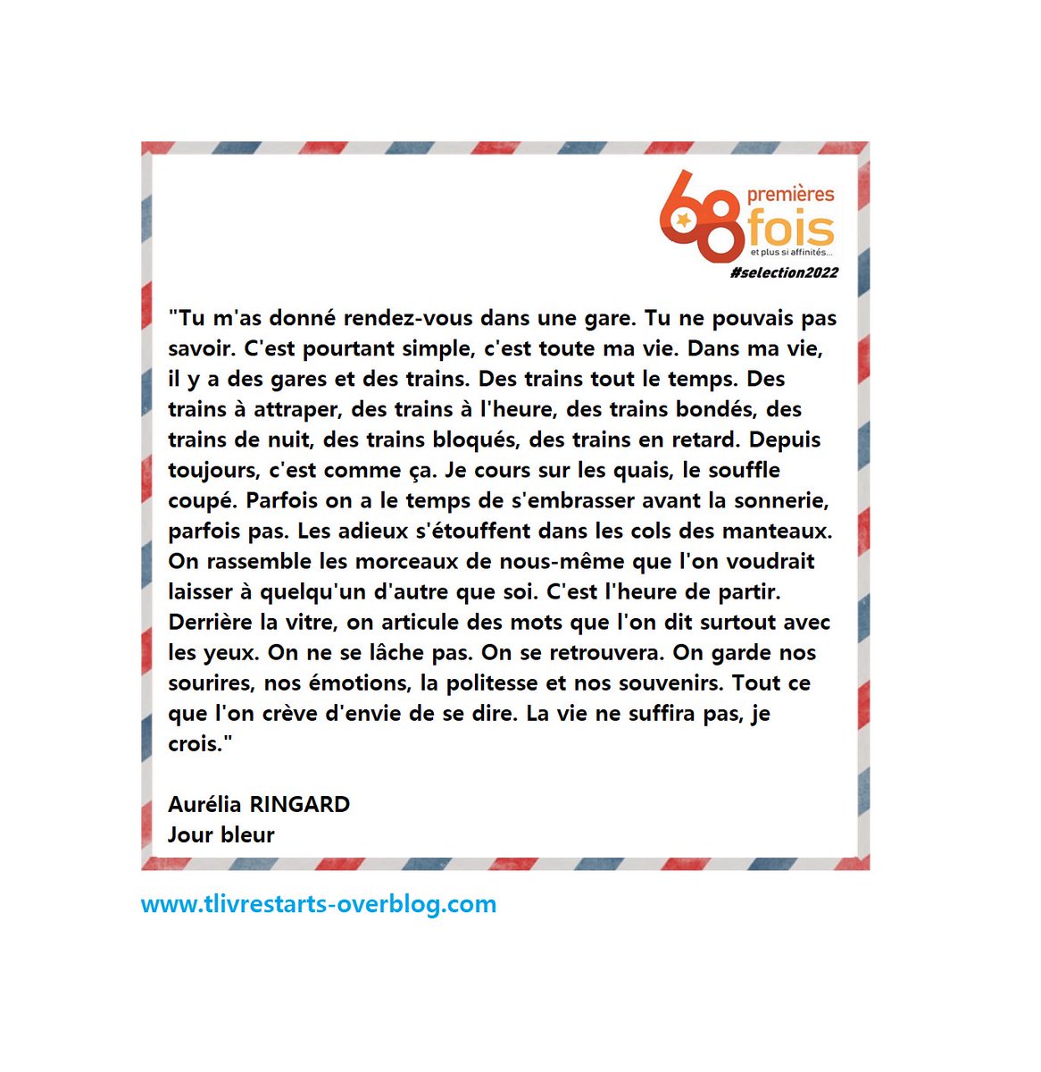 tlivres_tarts's tweet photo. Parce que je ne lis plus les 4èmes de couverture des livres depuis belle lurette, avec #jamaissansmon68, je vous propose les premières lignes d'un roman de la #selection2022 des @68premieresfois : "Jour bleu" d'Aurélia RINGARD aux éditions Frison-Roche💙
https://t.co/ZfrNtEL6co https://t.co/vdQfqe7pKb