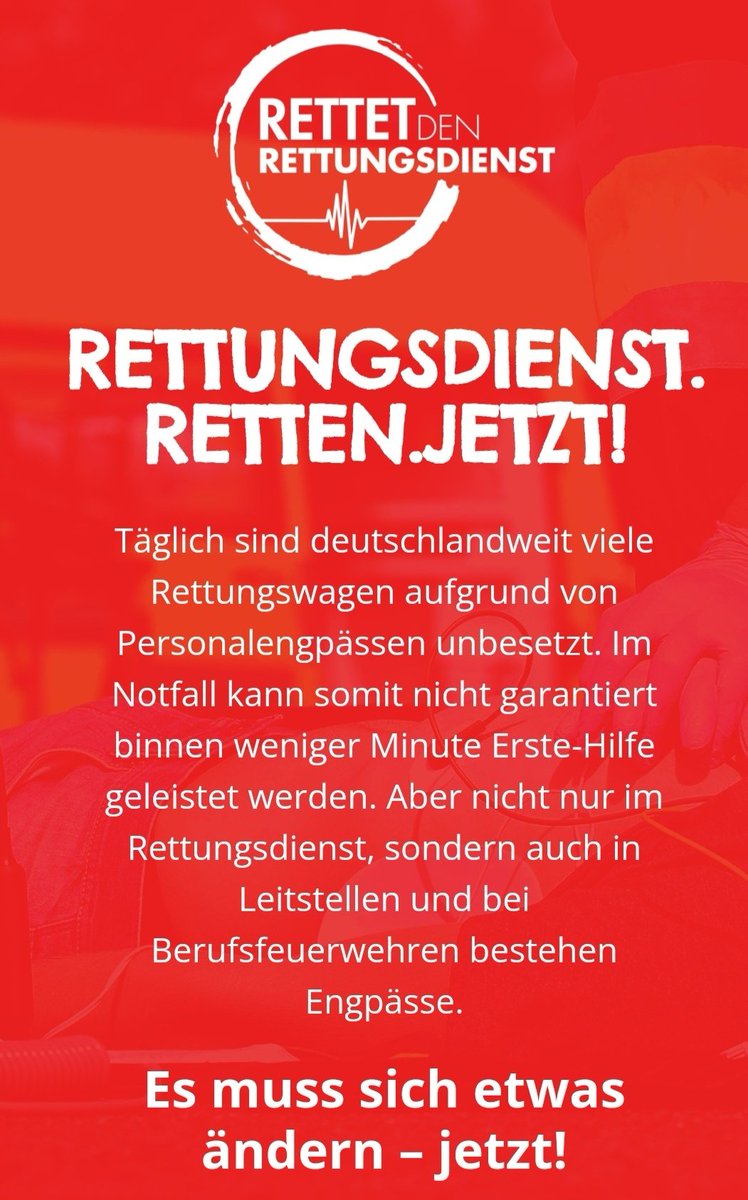 Rettungsdienst Retten Jetzt!
Eine Kampagne der #dfeug um noch mehr auf die Missstände im Rettungsdienst aufmerksam zu machen! Mehr Informationen und eine Petitio findet ihr unter:rettet-den-rettungsdienst.de

#nurnoch1RTW #rettungsdienstrettenjetzt #fachgewerkschaft #rettungsdienst