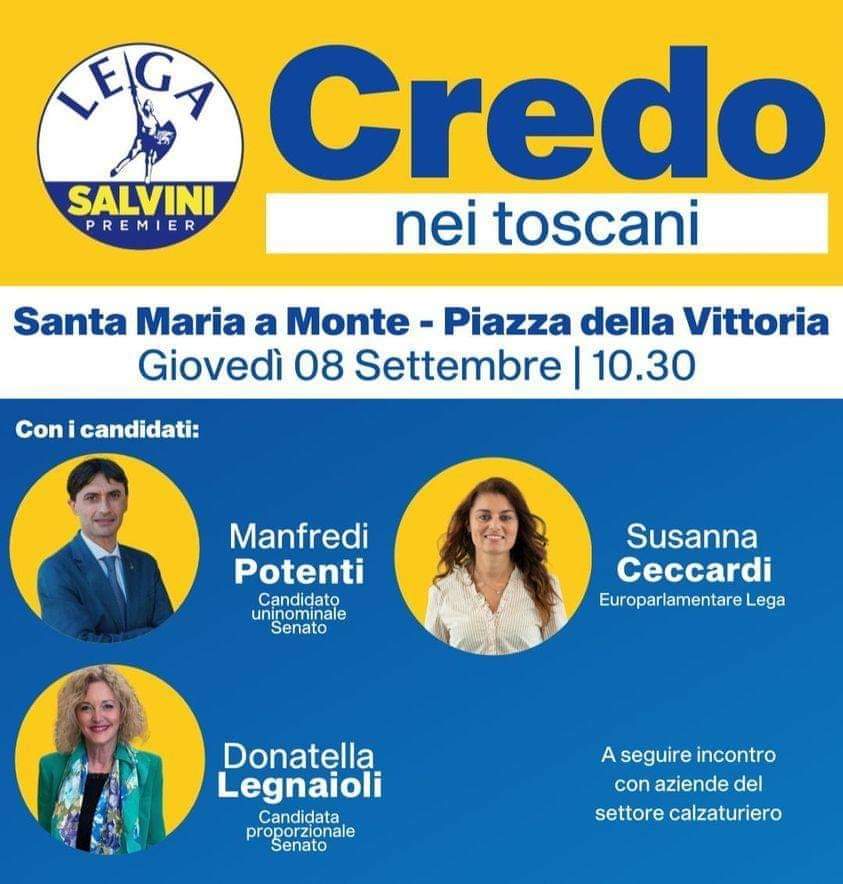 ManfrediPotenti's tweet photo. 🟡DOMANI 8 Settembre vi aspetto a #SANTAMARIAAMONTE (#PISA) alle ore 10.30 in Piazza della Vittoria assieme all' Eurodeputata SUSANNA CECCARDI e all' On. DONATELLA LEGNAIOLI
https://t.co/wtlmg1s1OB https://t.co/lHDADQqcOJ